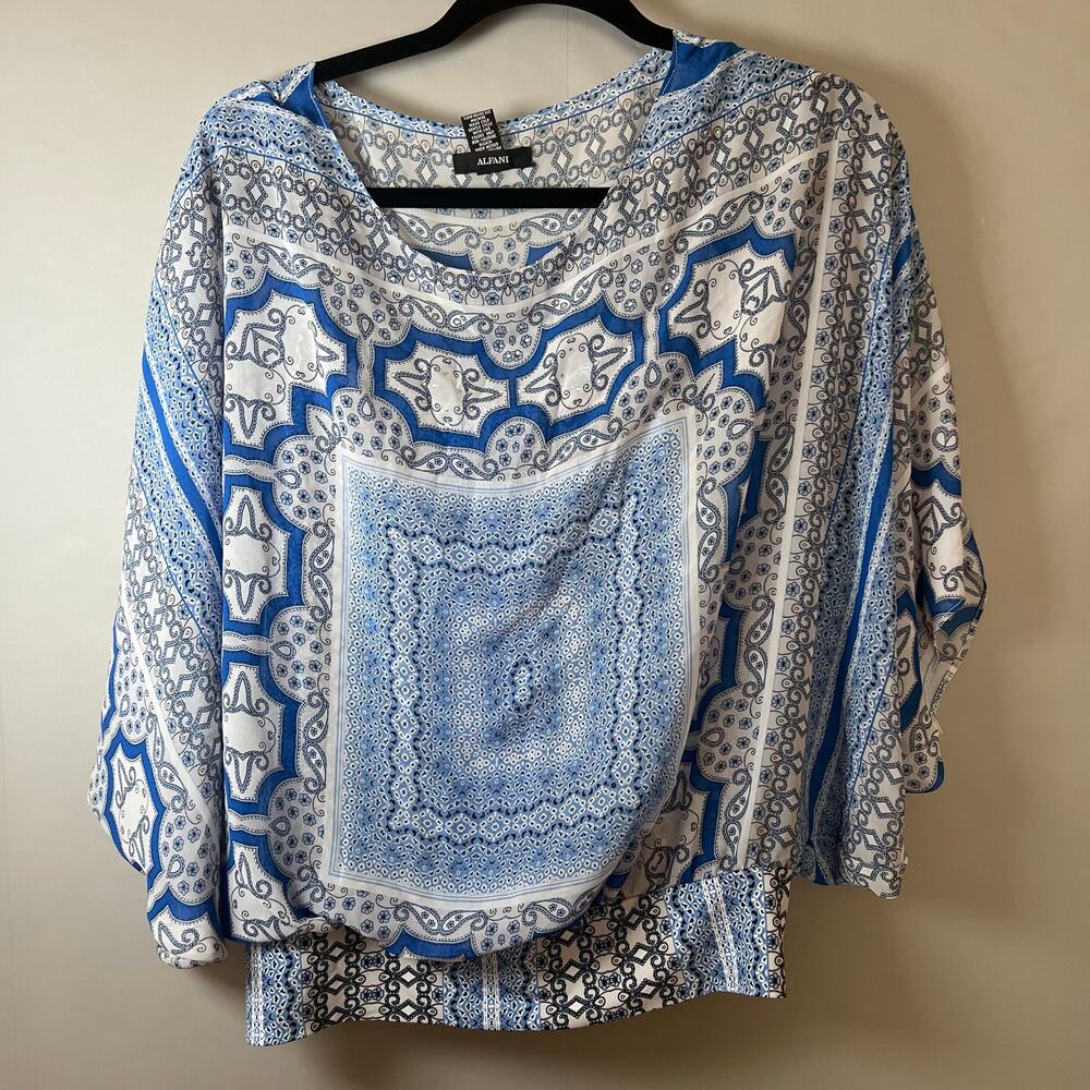 Alfani Womens Small Blue White Blouse Paisley Scarf Pattern Batwing Sleeves